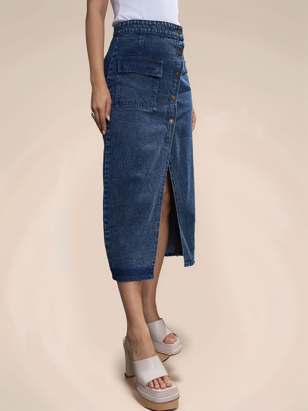Blue High Waist Front Slit Skirt