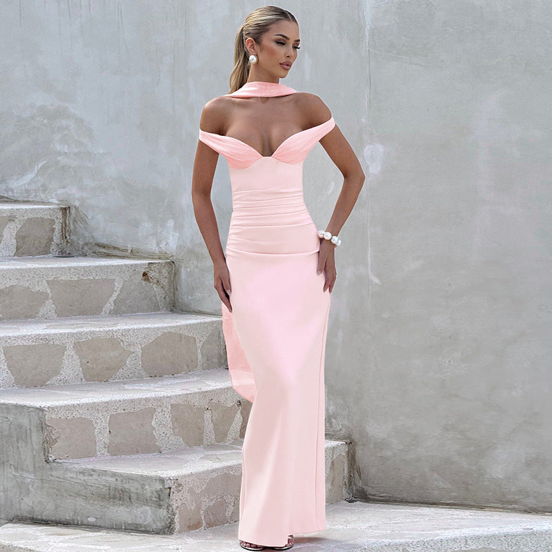 Pink Off-Shoulder Fit And Flare Dress