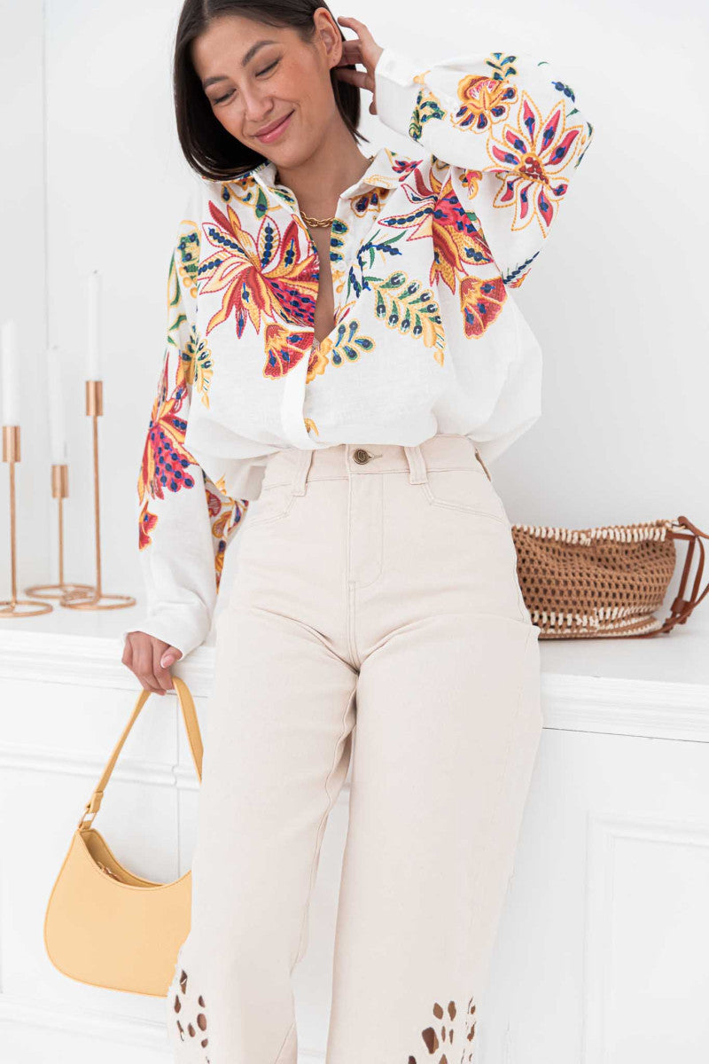 White Full Sleeve Embroidered Collared Top