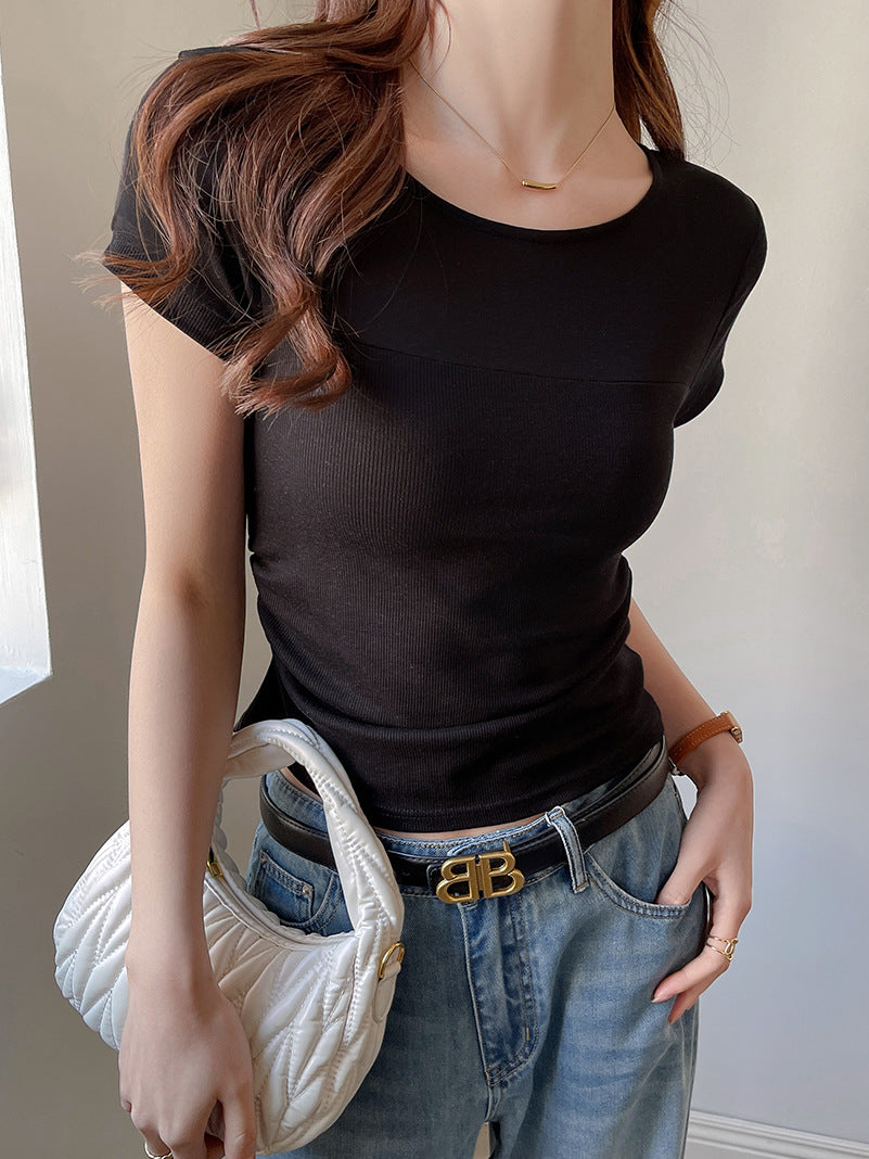 Black Wide Neck Solid T-Shirt