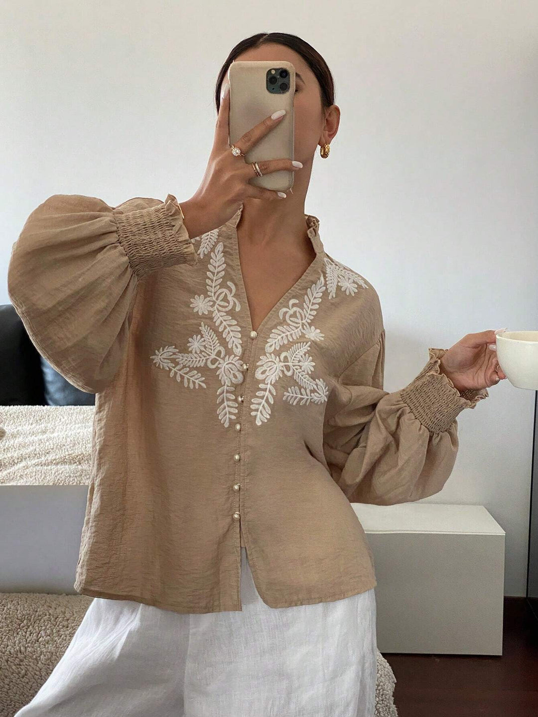 Khaki Bishop Sleeve V Neck Embroidered Top