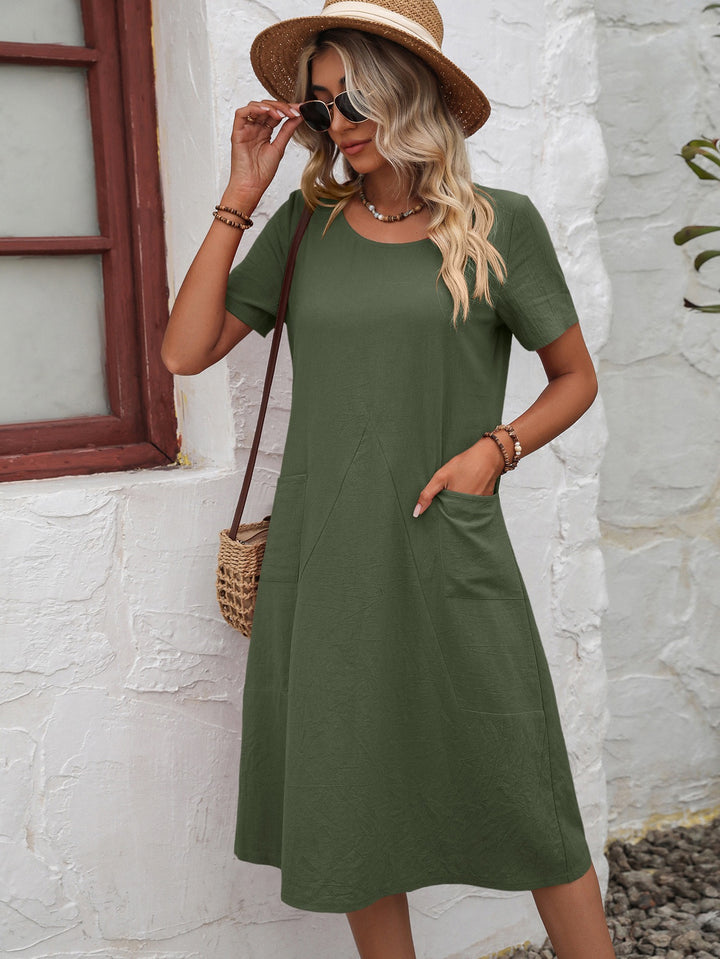 Green Short Sleeve A-Line Dress