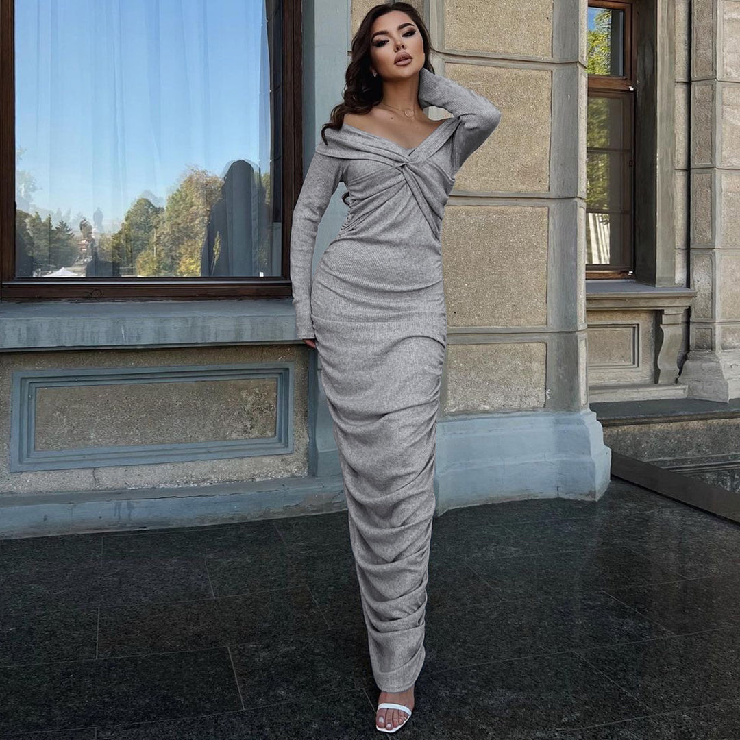 Grey Off Shoulder Full Sleeve Ruched Dress