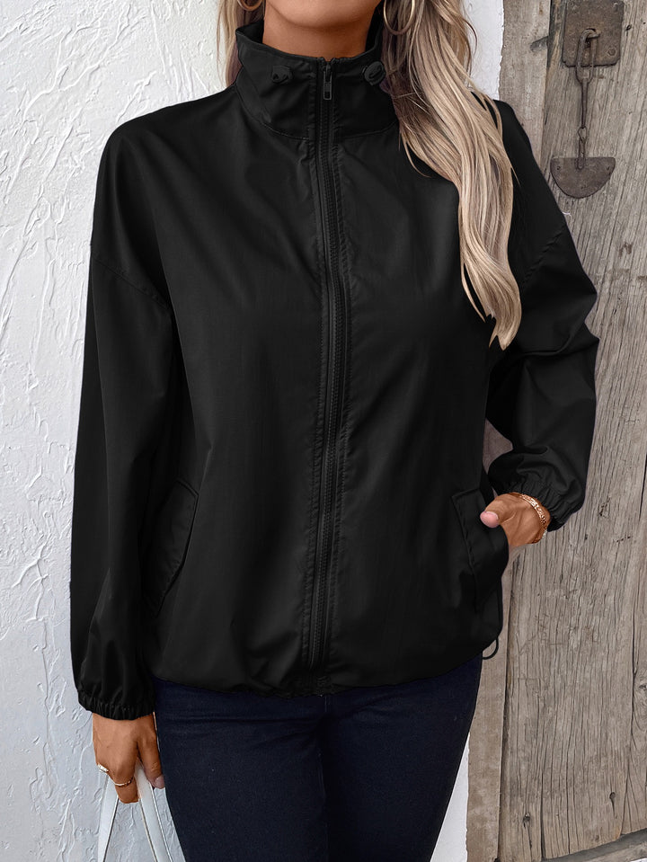 Black Collar Drawstring Waterproof Jacket