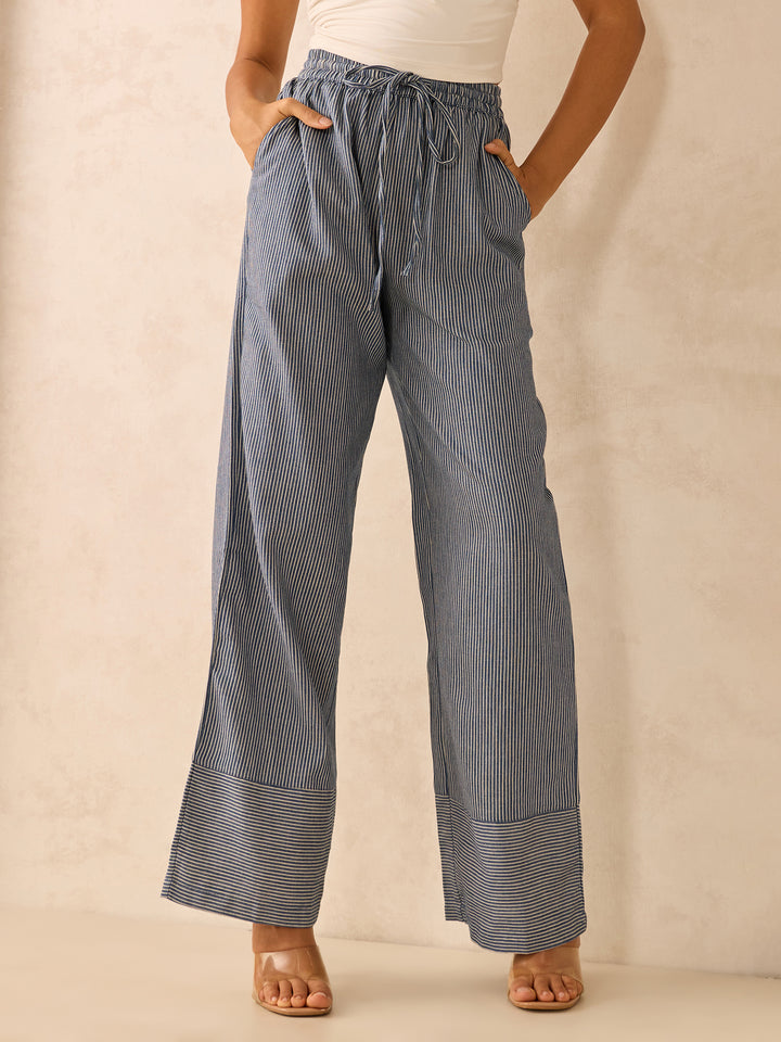 Blue Wide Leg Stripes Trousers