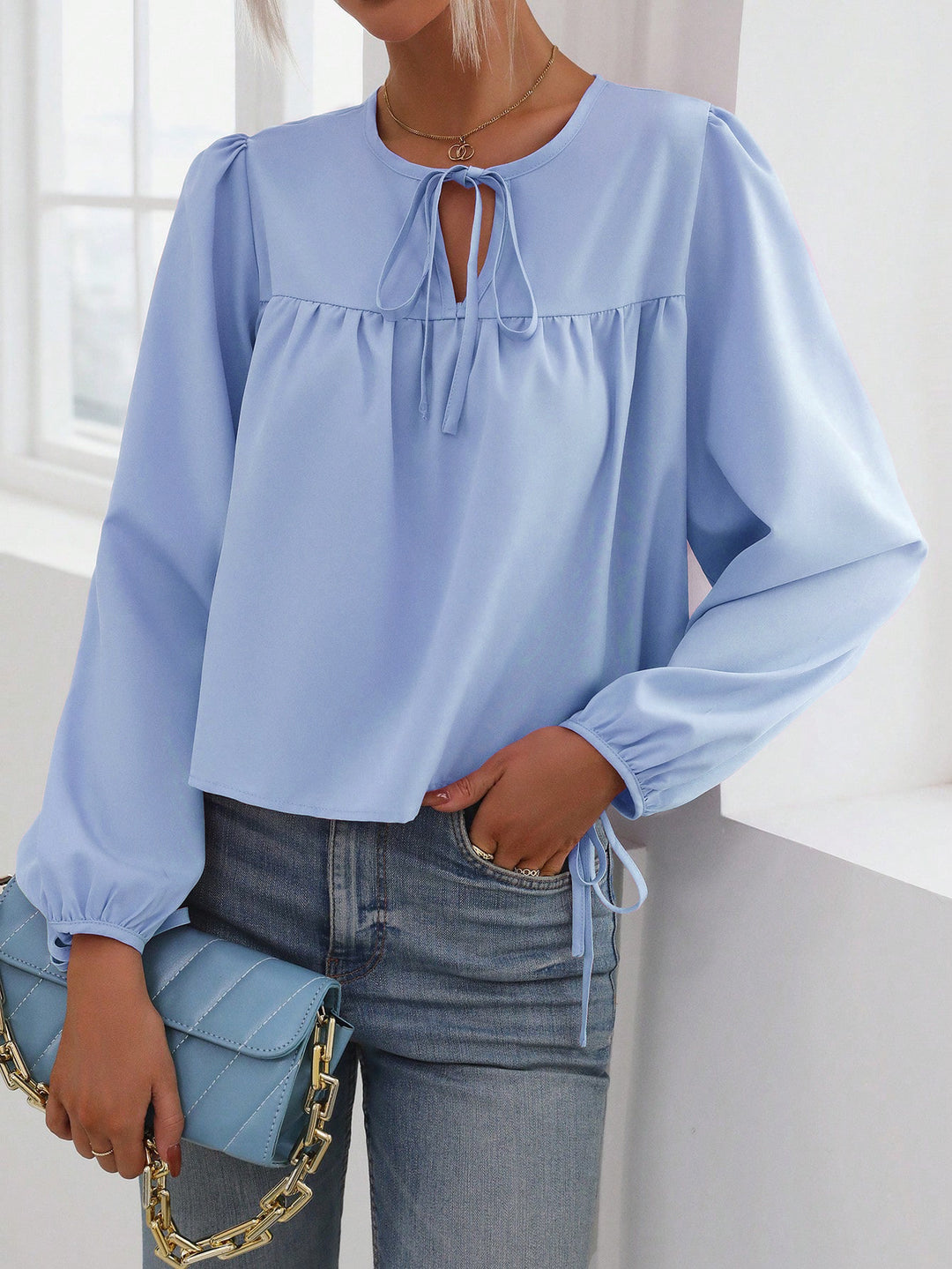 Blue Neck And Sleeves Tie Up Detail Top