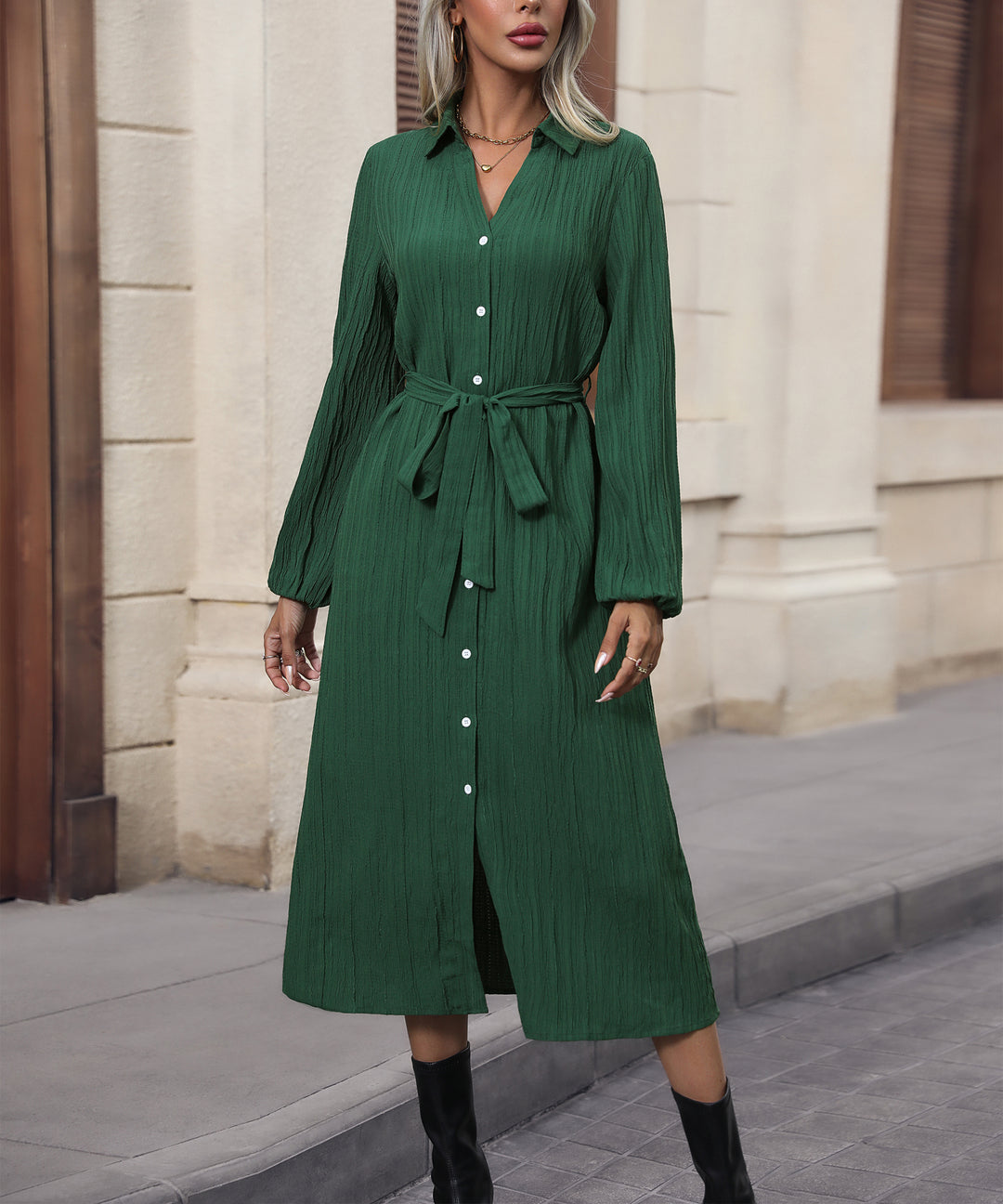 Dark Green Bishop Sleeve Waist Tie-Up Slit Dress
