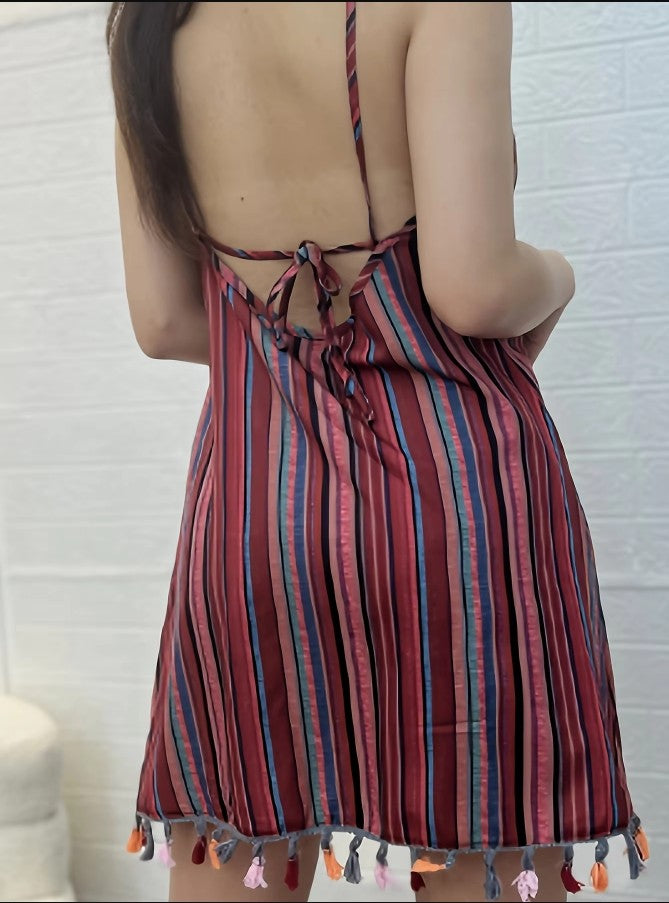 Red Sleeveless Strap Tassels Mini Dress