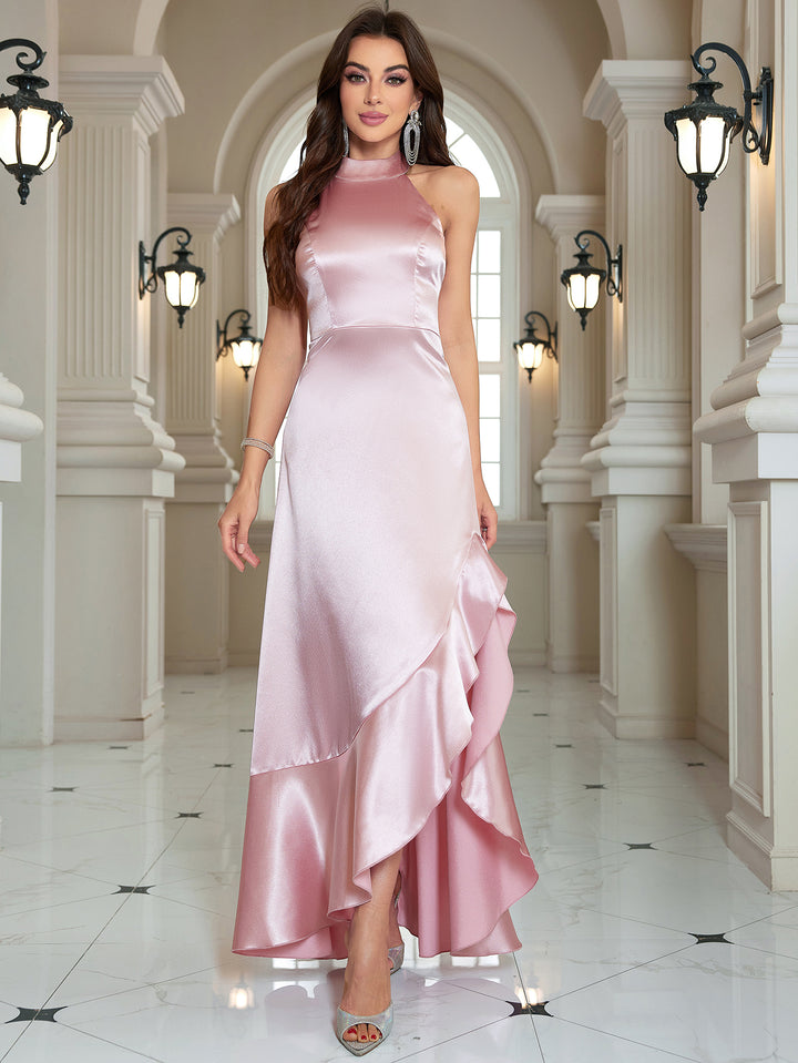 Pink Halter Neck Ruffle Hem Dress