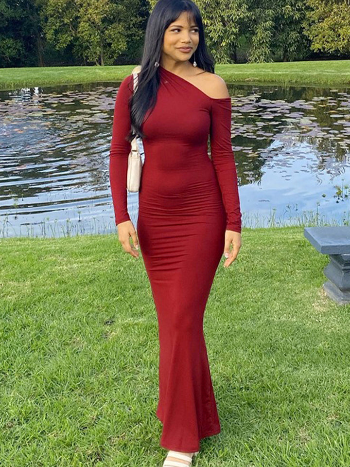Red One-Shoulder Ruched Dress