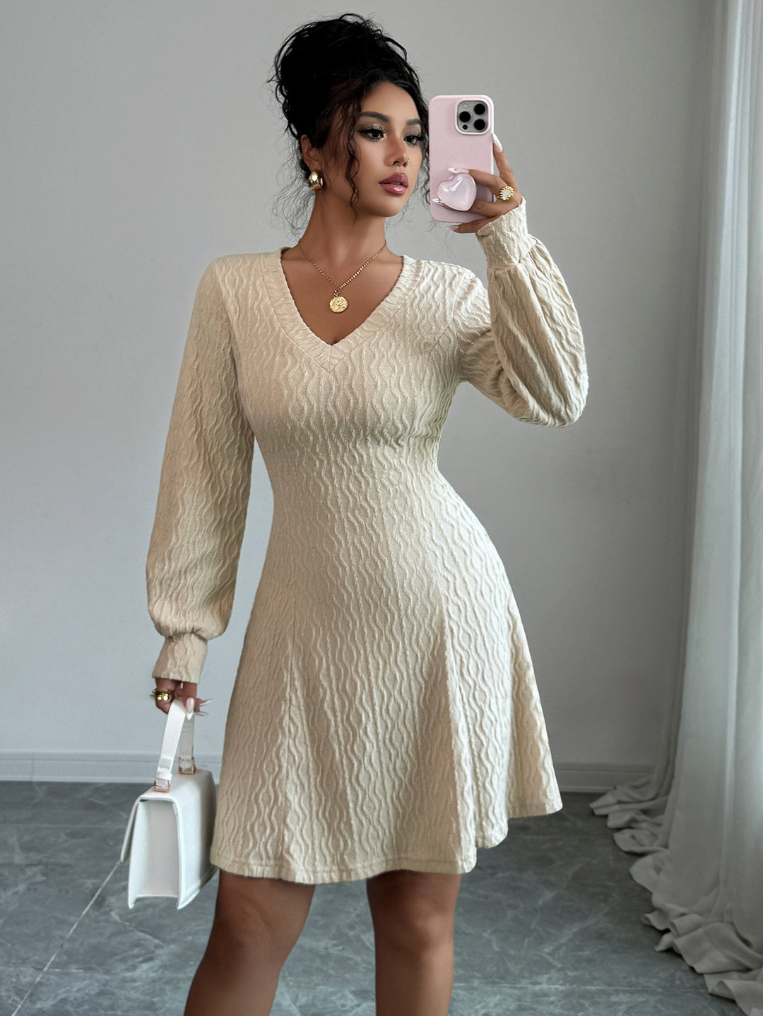 Beige Textured V Neck Mini Dress