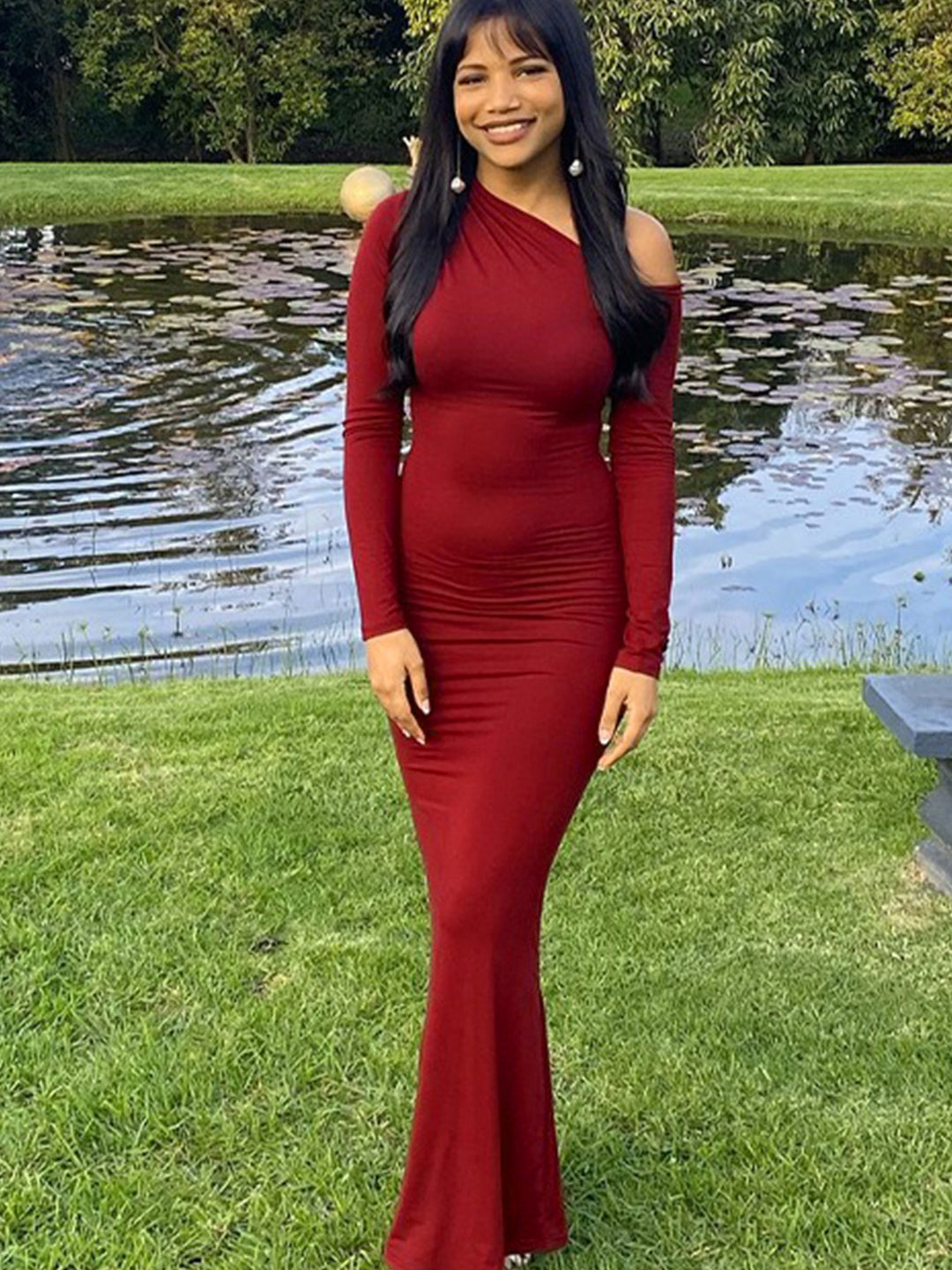 Red One-Shoulder Ruched Dress