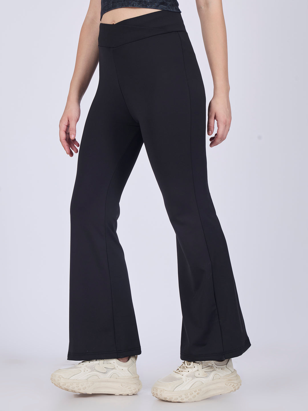 Black Criss Cross Waist Band Flared Leggigns