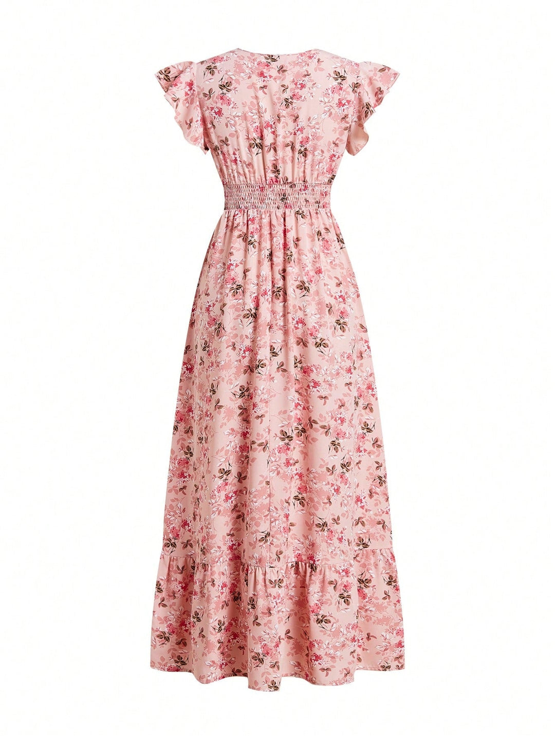 Pink Ruffle Sleeve V Neck Printed Dress