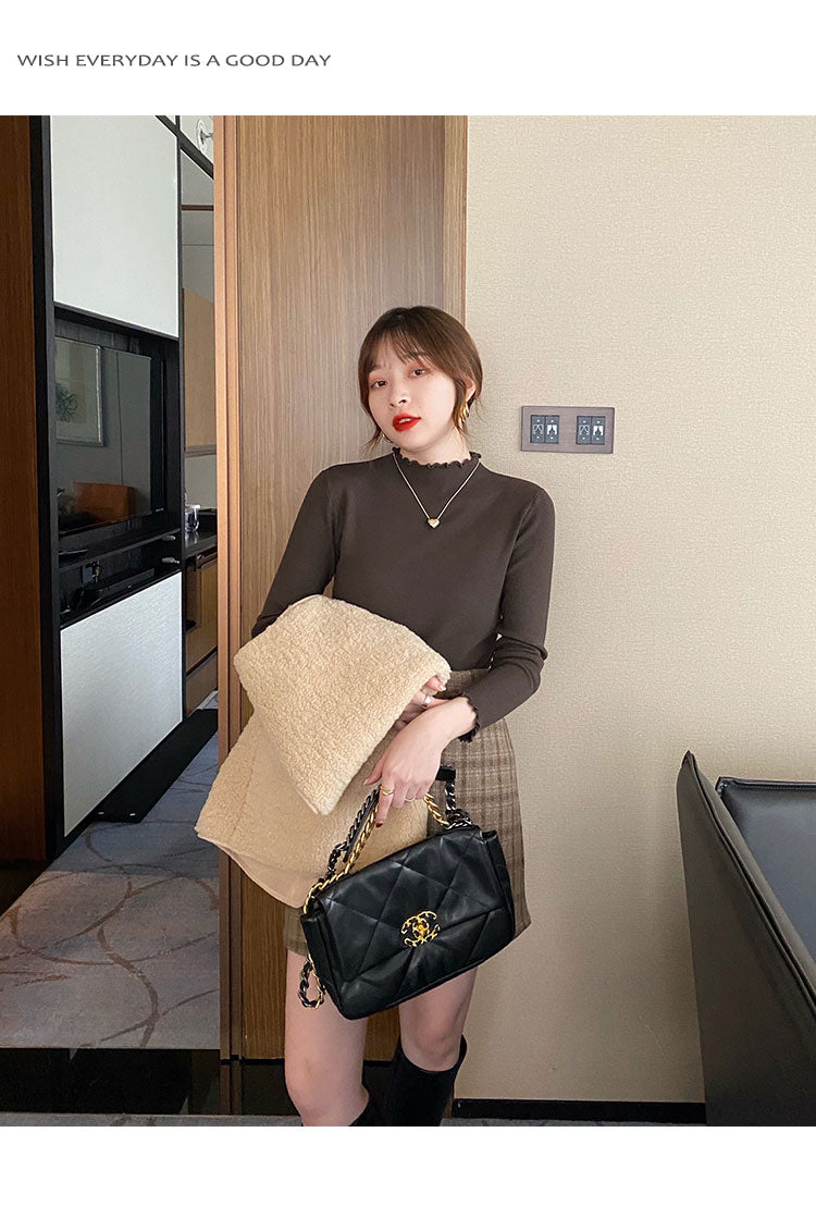 Charcoal Full Sleeve Scallop Hem Mock Neck Fitted Top