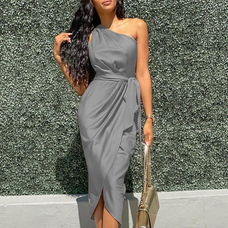 Grey One Shoulder Wrap Midi Dress