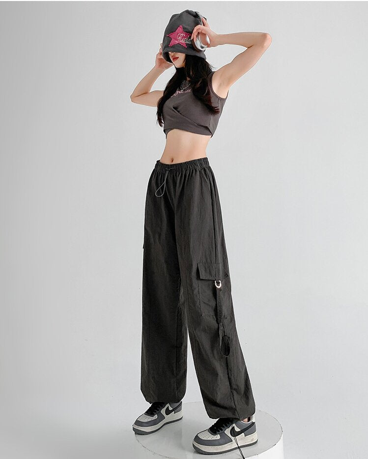 Charcoal Straight Fit Drawstring Parachute Cargo Pants