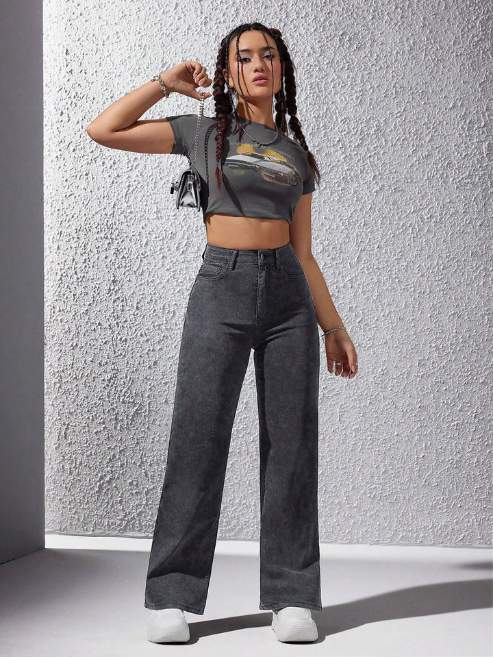Grey Washed Straight Jeans