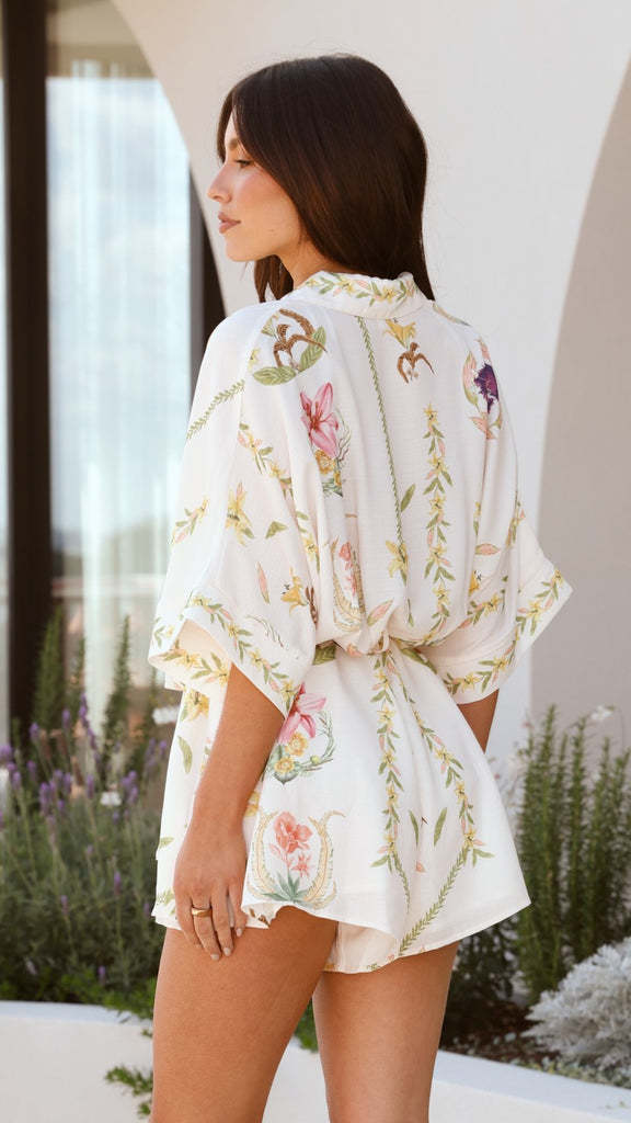 Cream Printed Collared Romper