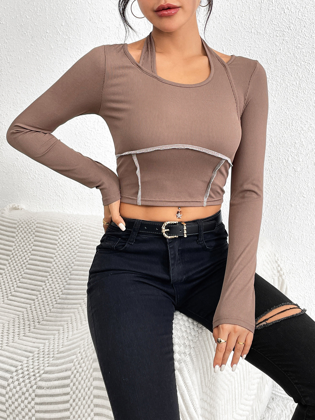 Brown Cut Out With Freyed Hem Top