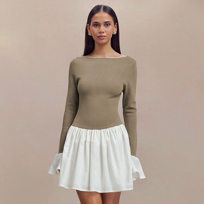 Brown Broad Neck Full Sleeves Fitted Dress