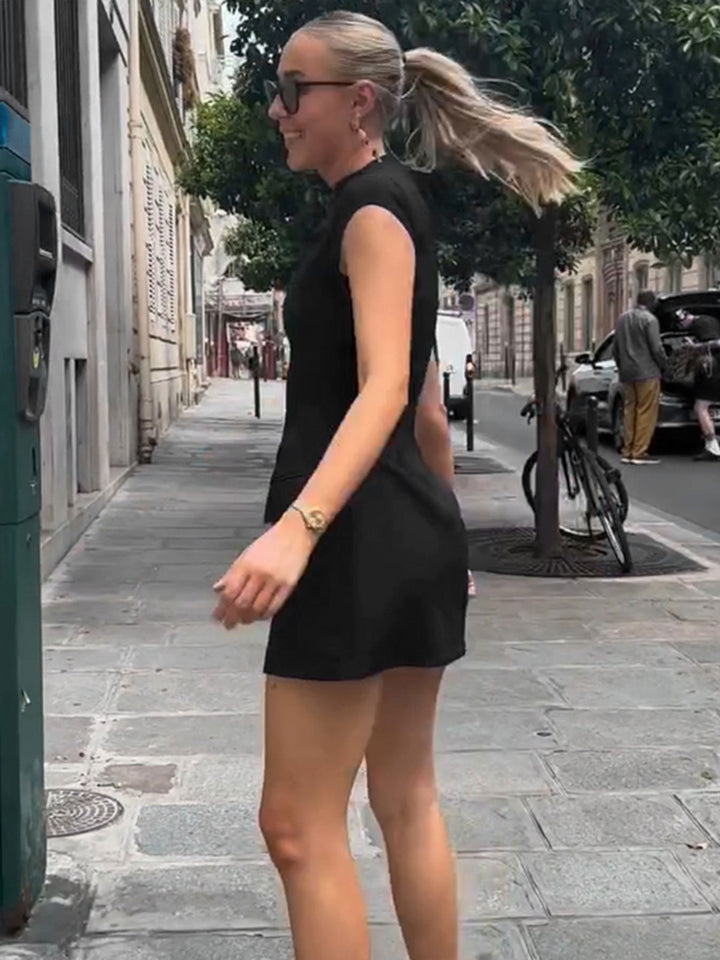 Black High Neck Flap Pocket Dress
