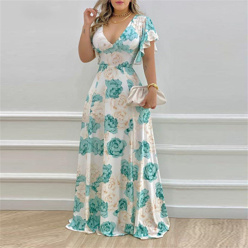 Aqua Printed Plunge Neck Flutter Sleeve Dress