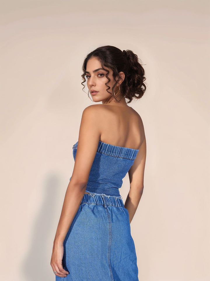 Blue Off Shoulder Front Buttoned Top