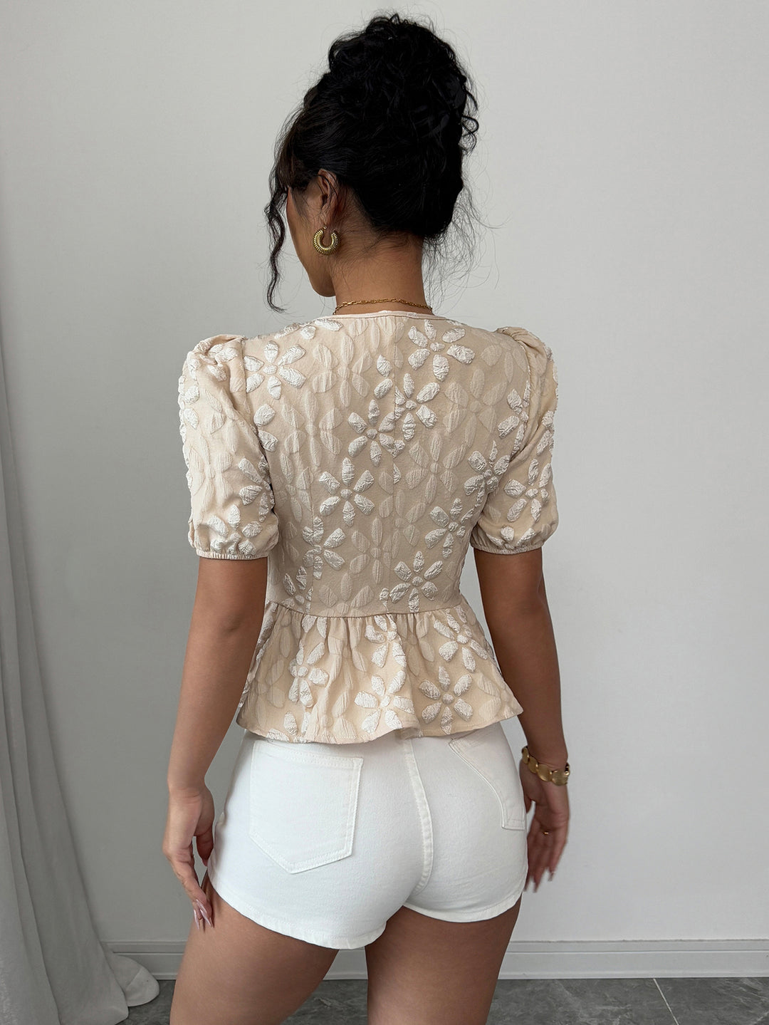 Off White Puff Sleeved Peplum Top