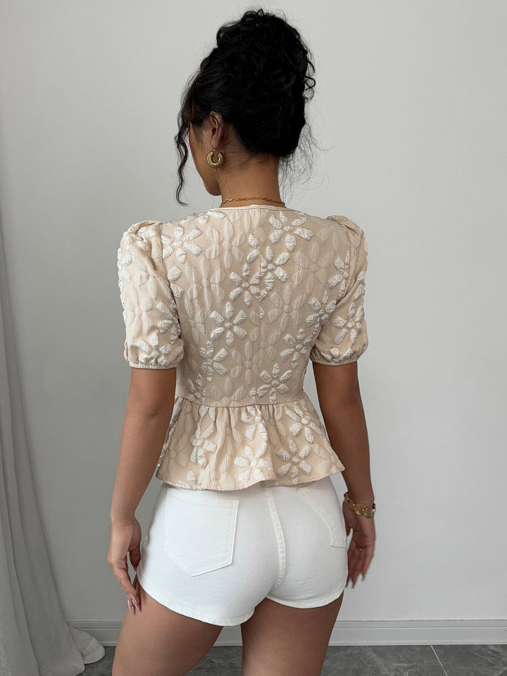 Off White Puff Sleeved Peplum Top