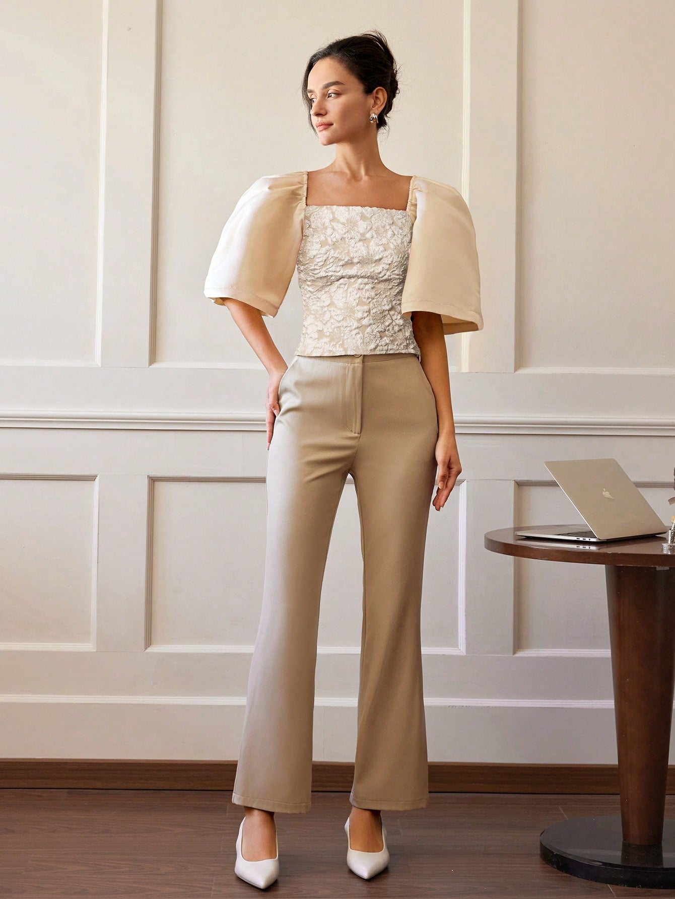 Beige Floral Textured Fitted Top