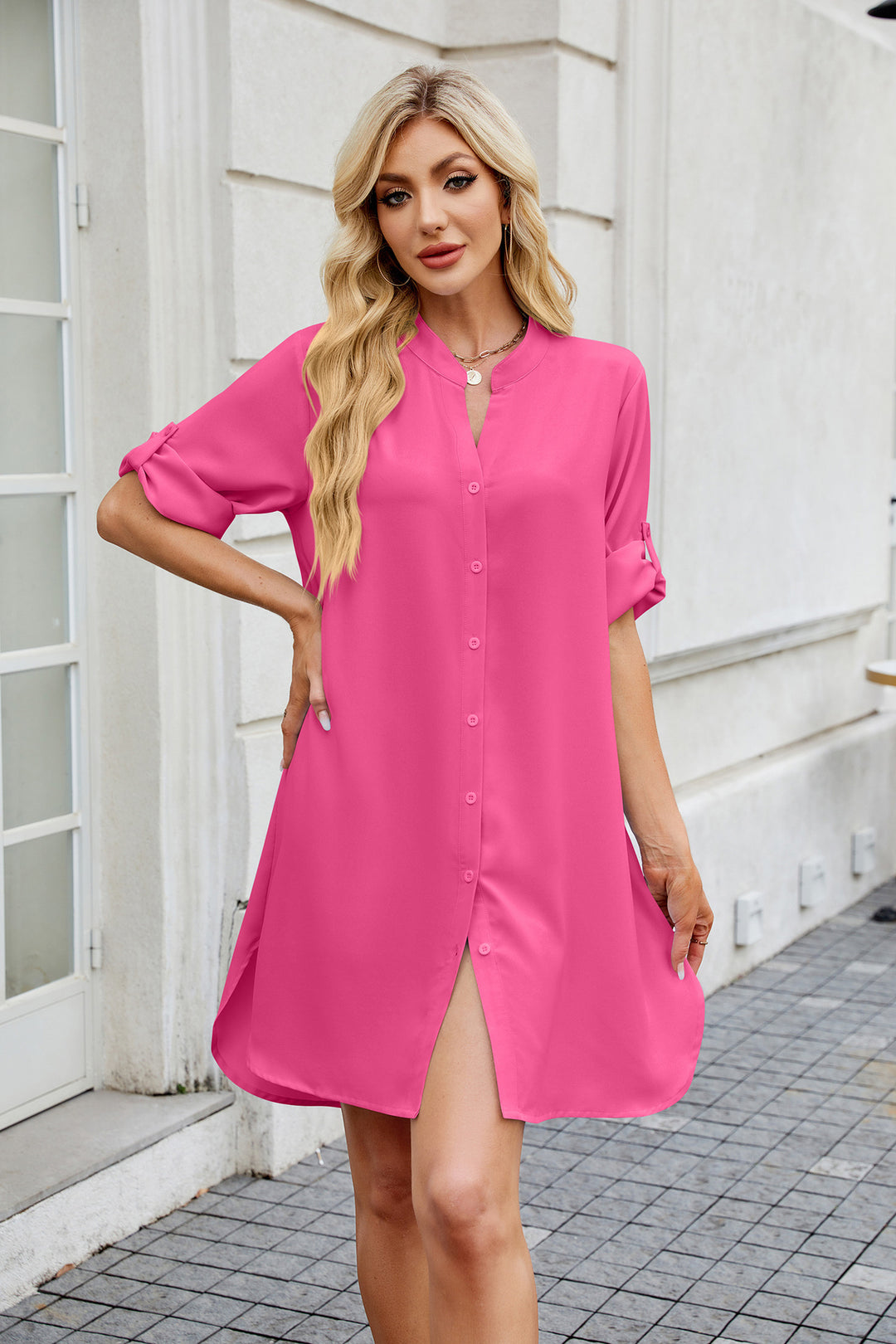 Pink Folded Sleeves Front Buttoned Dress
