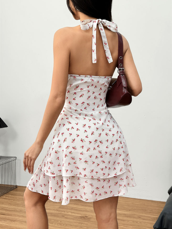 White Printed Halter Neck Double Flap Dress