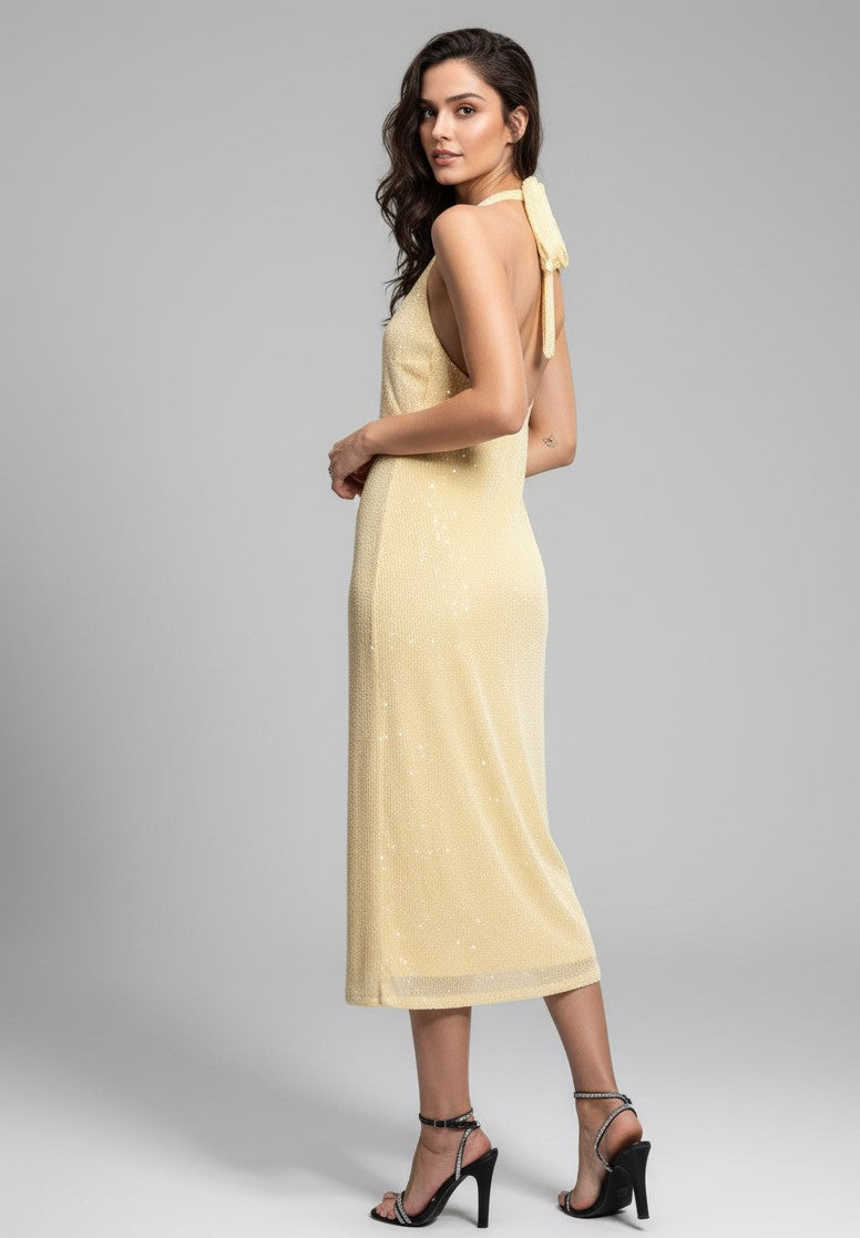 Yellow Halter Neck Sequin Dress
