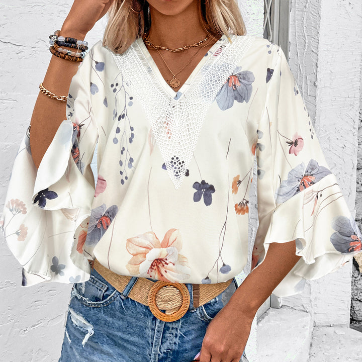 Cream Printed V Neck Top
