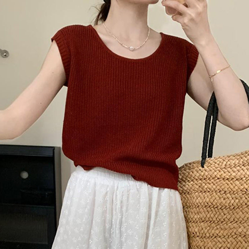 Maroon Cap Sleeves Round Neck Relaxed Tops