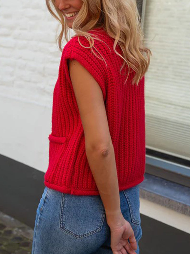 Red Sleeveless Solid Cardigan
