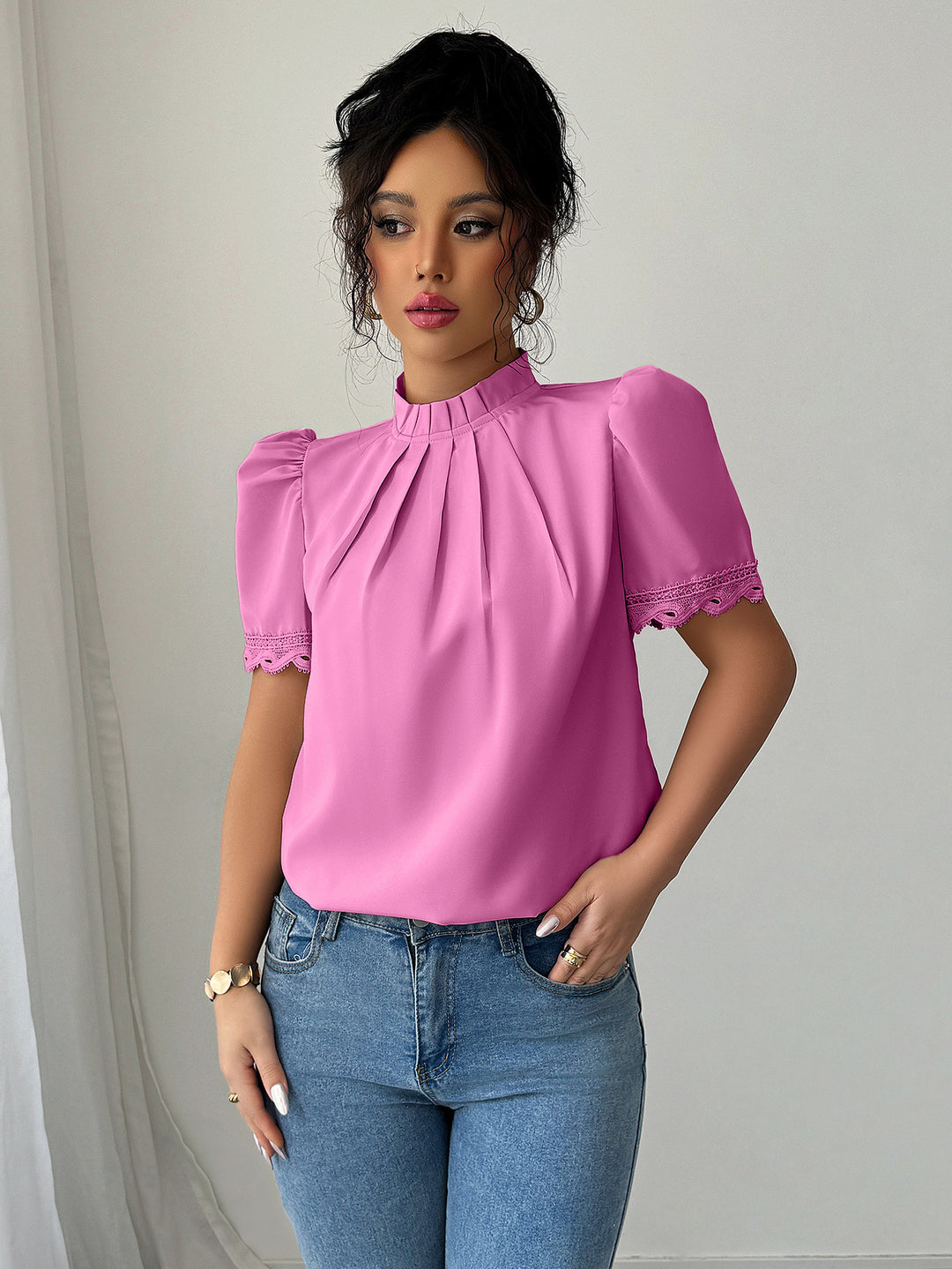 Pink High Neck Regular Pleated Blouse