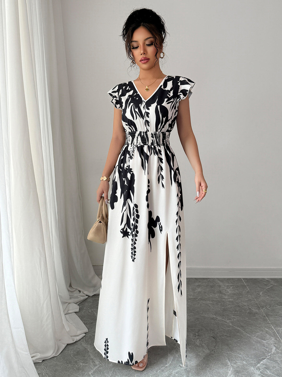 White V-Neck Ruffles Sleeved Maxi Dress