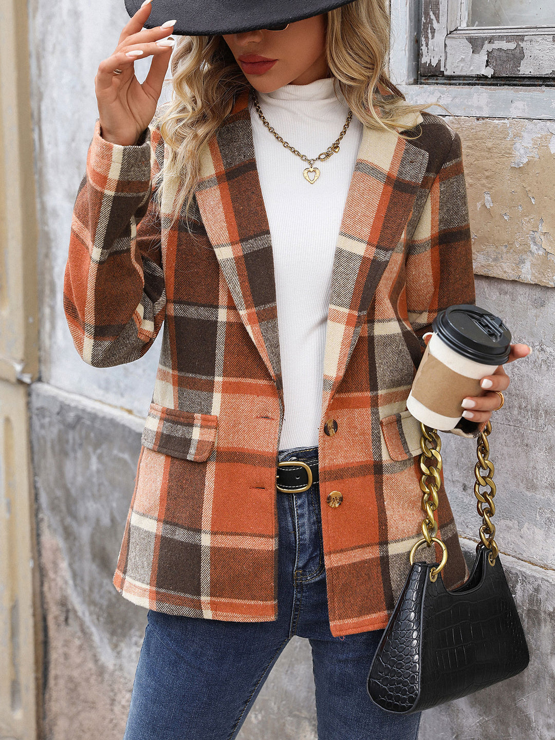 Orange Full Sleeve Plaid Coats