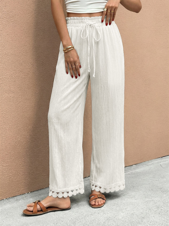 White Lace Hem Wide Leg Pant