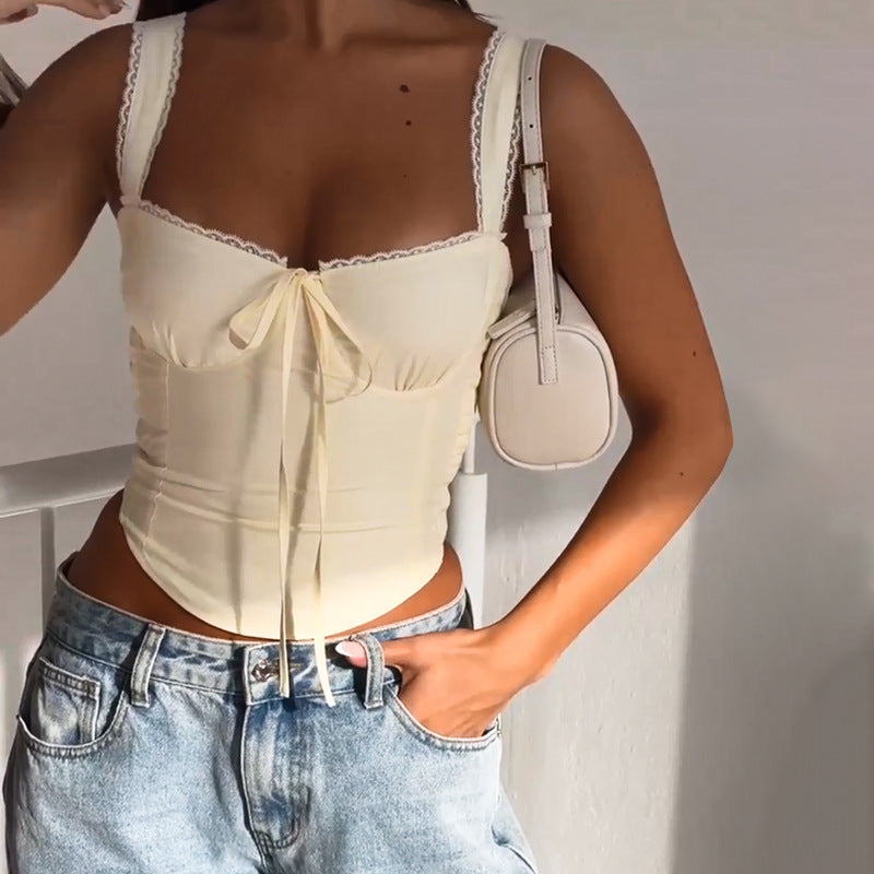 Cream Fitted Tank Top with Rope Detailing