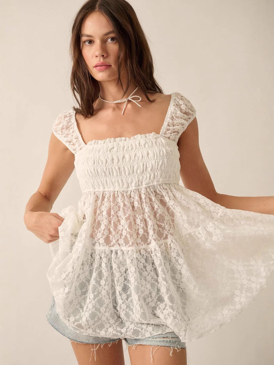 White Short Sleeves Lace Front Fitted Top
