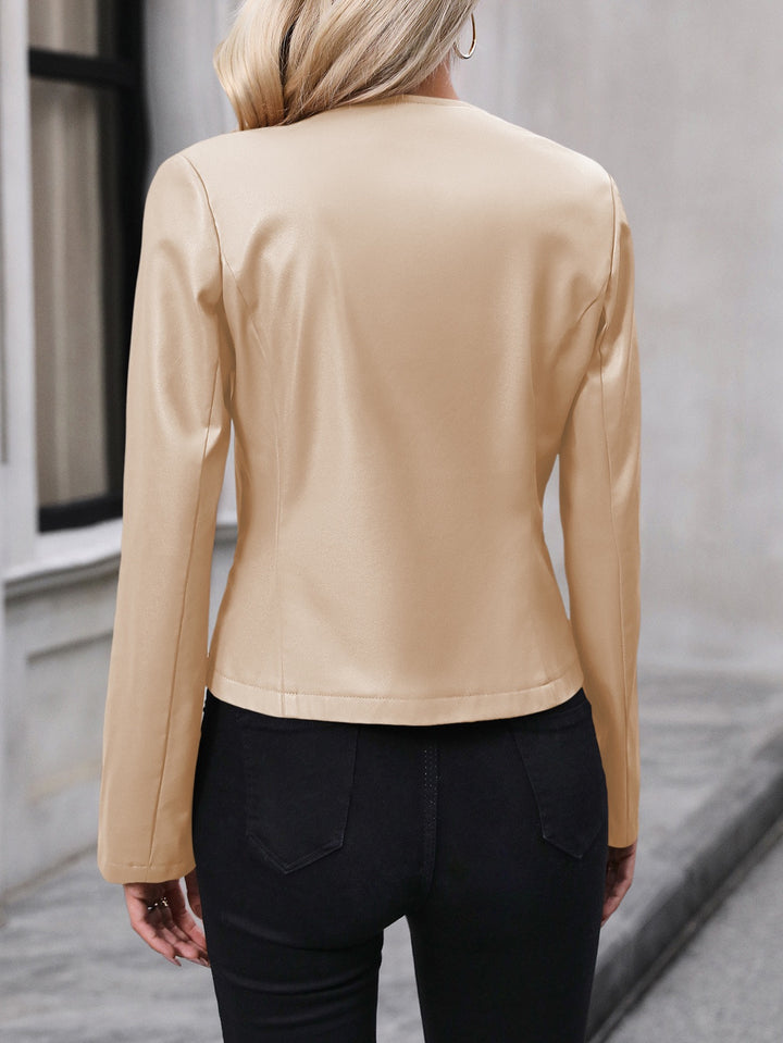 Cream Collarless Zipper Jacket