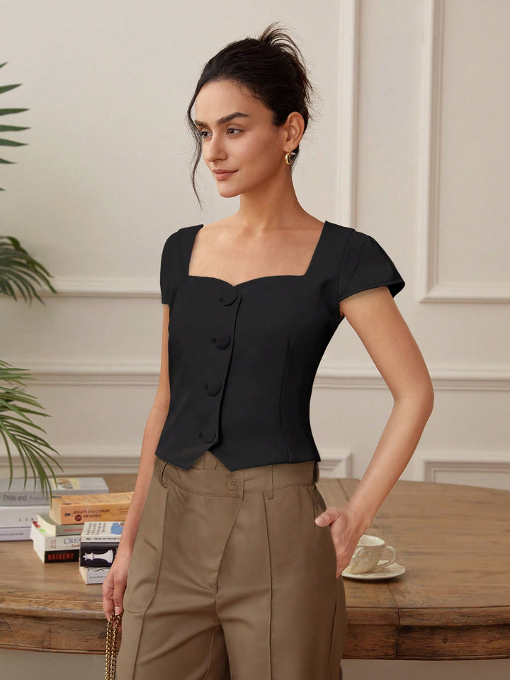 Black Front Button Top
