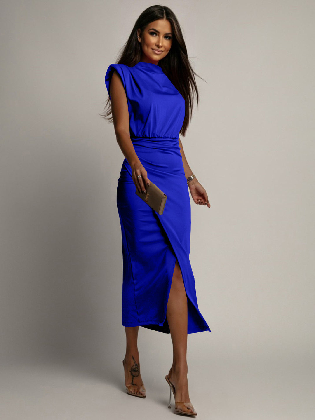 Blue Power Shoulder High Neck Dress