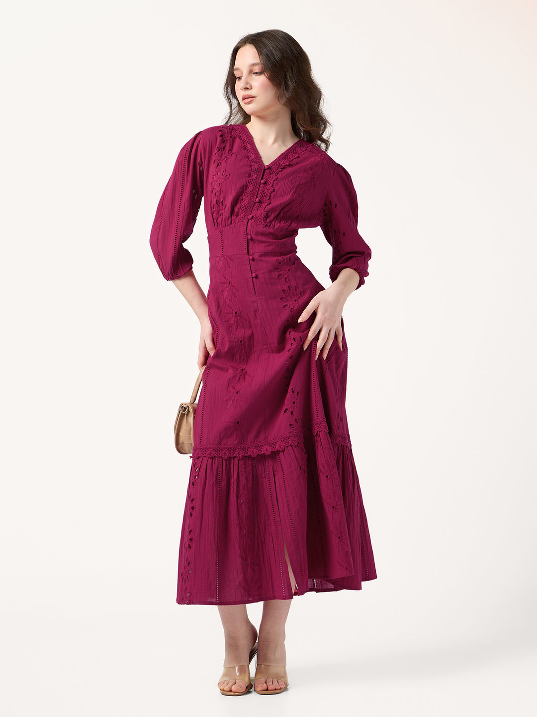 Fuchsia Pink V Neck Schiffli Dress