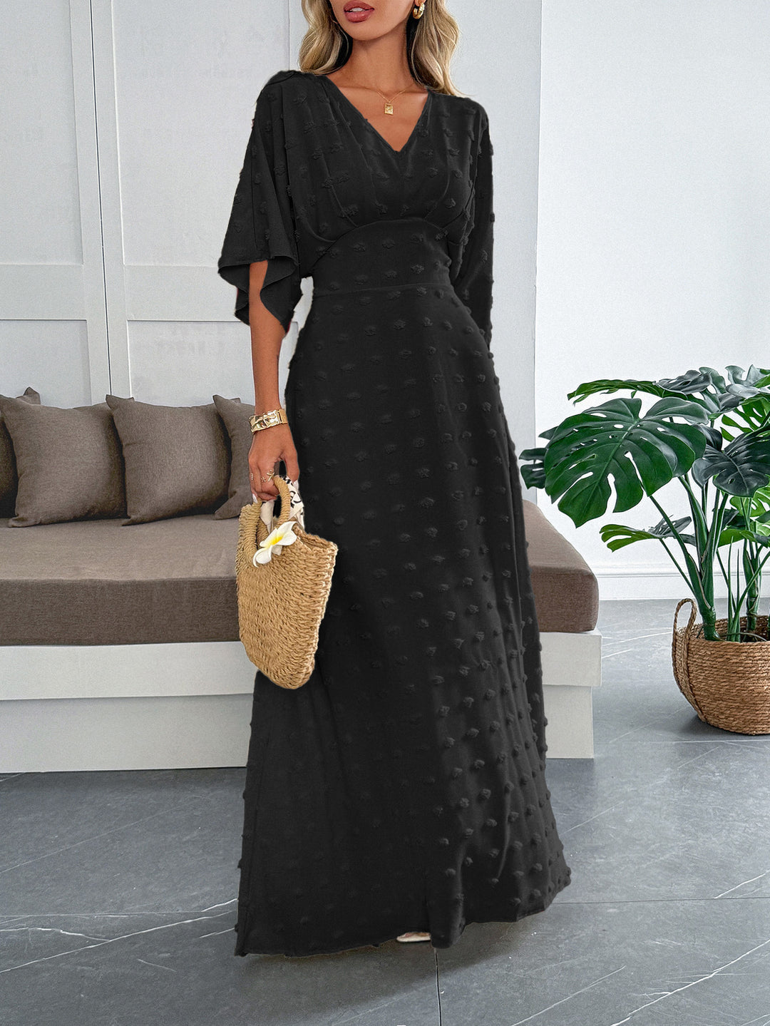 Black Flare Sleeve V Neck Dress