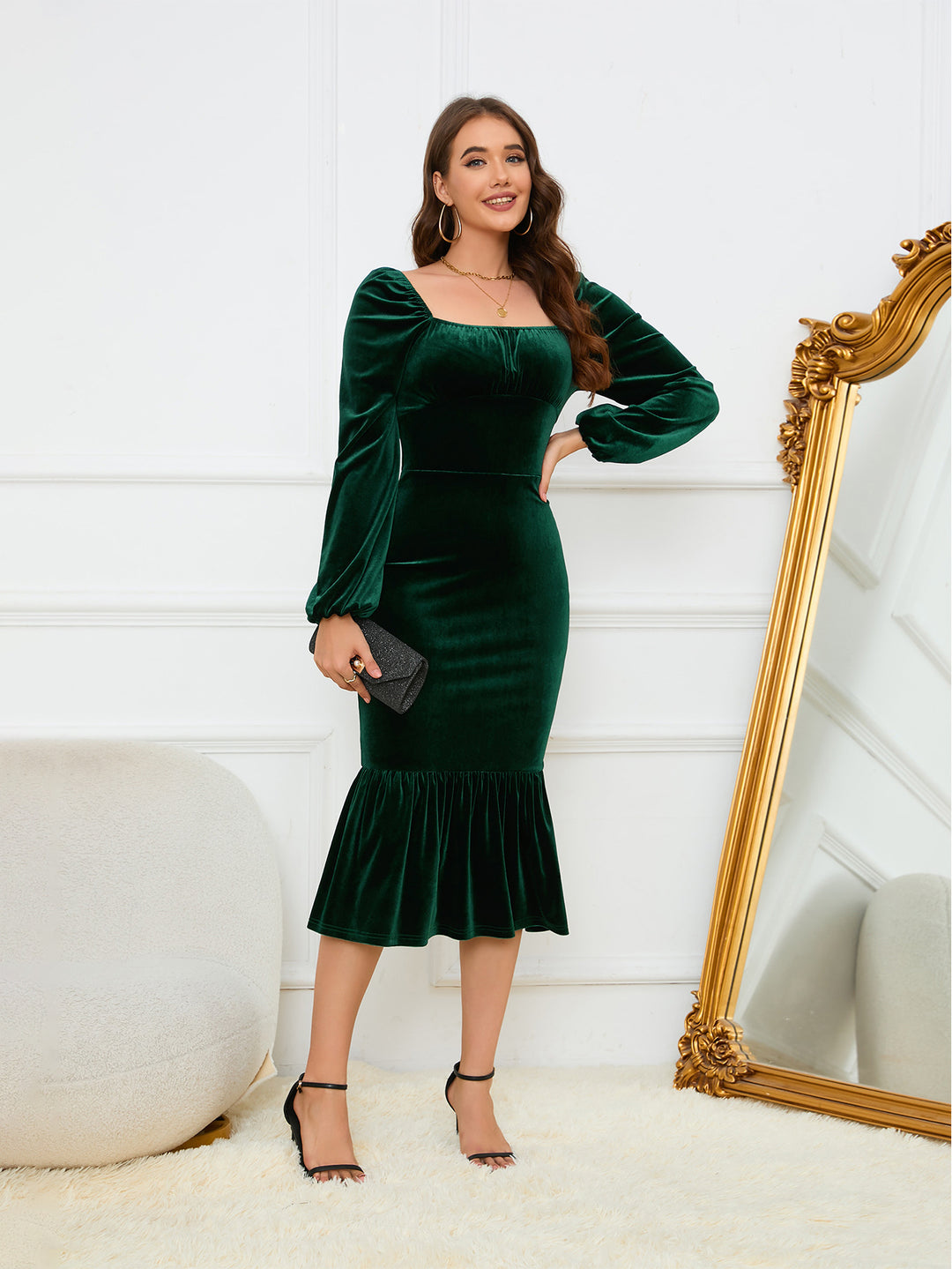 Green Fishtail Velour Dress