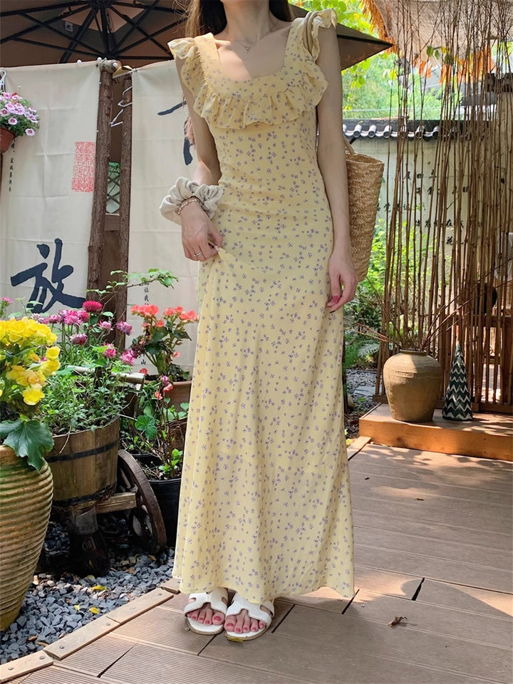 Yellow Printed Ruffle Maxi Dress